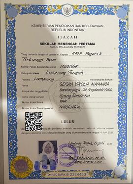 Ijazah Sekolah Menengah Pertama Negeri 3 Terbanggi Besar a.n. Geisha Vinolia Alamanda