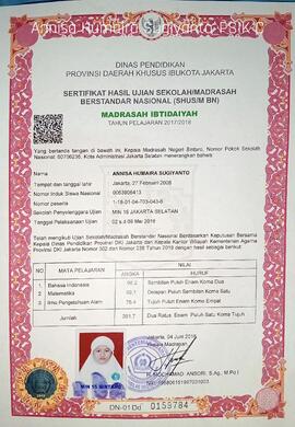Sertifikat Hasil Ujian Sekolah/Madrasah Berstandar Nasional (SHUS/M BN) atas nama Annisa Humaira Sugiyanto
