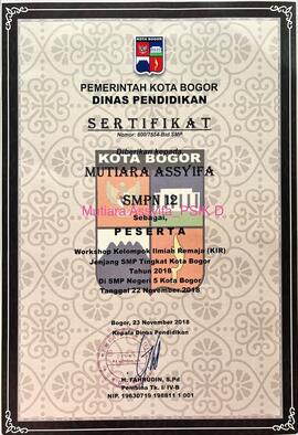 Sertifikat Workshop Karya Ilmiah Remaja (KIR) atas nama Mutiara Assyifa