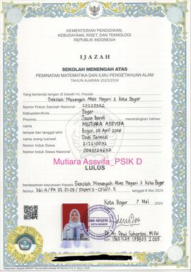 Ijazah Sekolah Menengah Atas (SMA) atas nama Mutiara Assyifa