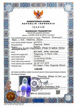 Ijazah Kelulusan Madrasah Tsanawiyah Negeri 1 Kota Tangerang Selatan Tahun Pelajaran 2020/2021 atas nama Mutiara Audri Kautsari