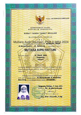 Surat Tanda Tamat Belajar Raudhatul Athfal Al-Mursyidiyyah atas nama Mutiara Audri Kautsari
