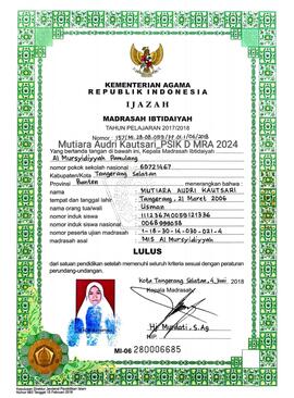 Ijazah Kelulusan Madrasah Ibtidaiyah Al Mursyidiyyah Tahun Pelajaran 2017/2018 atas nama Mutiara Audri Kautsari
