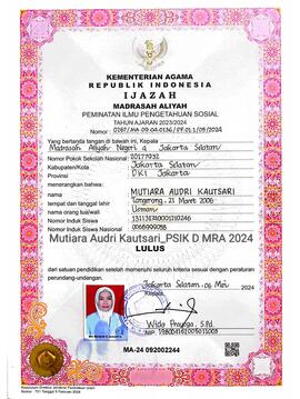 Ijazah Kelulusan Madrasah Aliyah Negeri 4 Jakarta Selatan Peminatan Ilmu Pengetahuan Sosial Tahun Ajaran 2023/2024 atas nama Mutiara Audri Kautsari