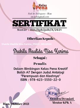 Sertifikat Sebagai Penulis di Kelas Pena Kreatif Batch A7